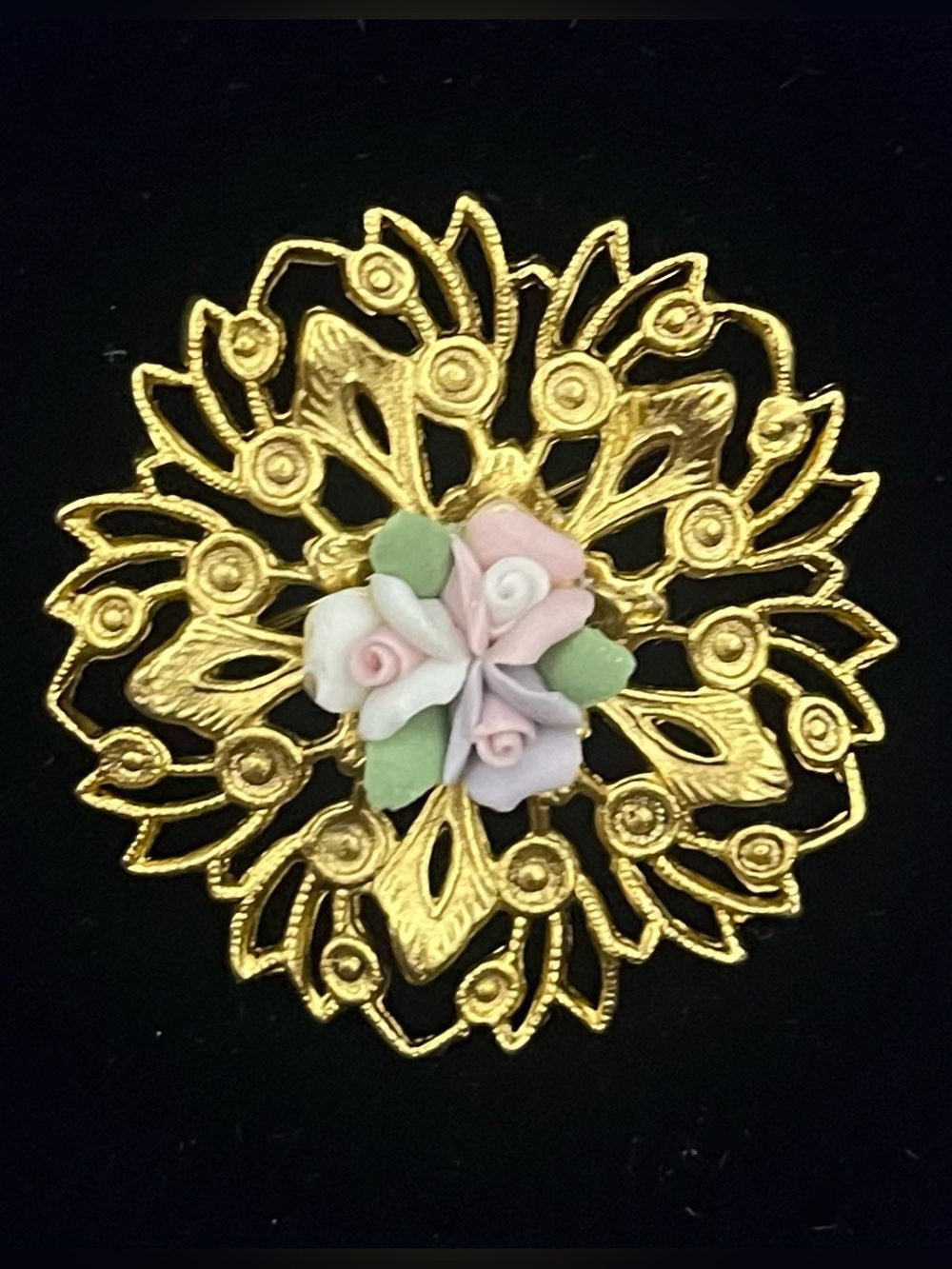 Vintage Signed Silver Starr Filigree Porcelain Rose Brooch Pin 1.5”